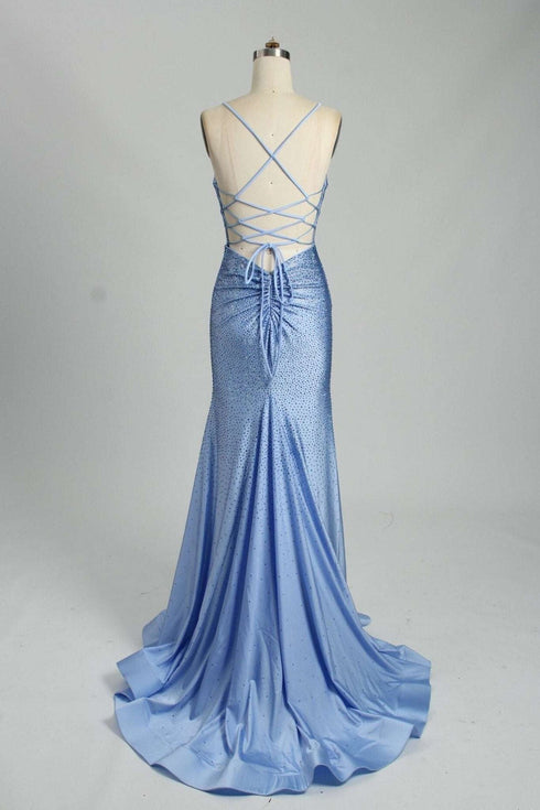 Trinity Sky Blue Rhinestone Long Formal Dress