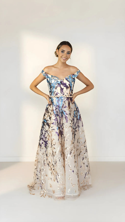 Naomi Off Shoulder Sequin A-Line Formal Dress