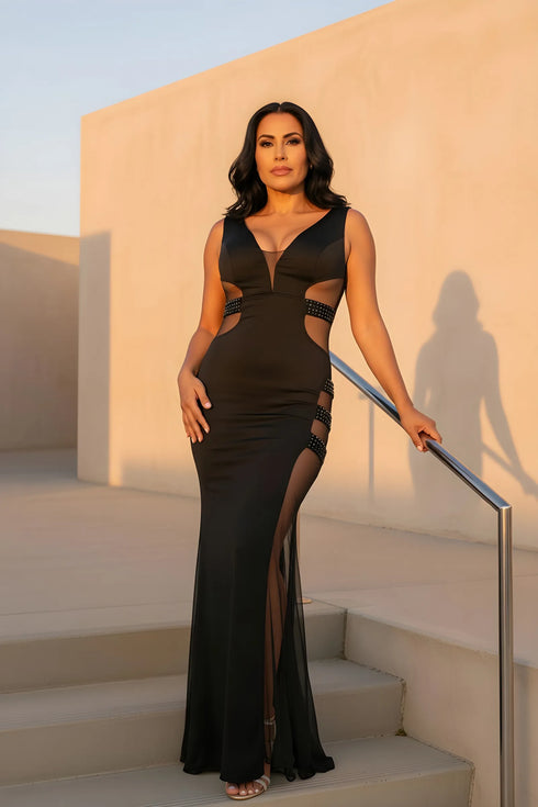 Selina V Neck Satin Sheer Panel Formal Dress