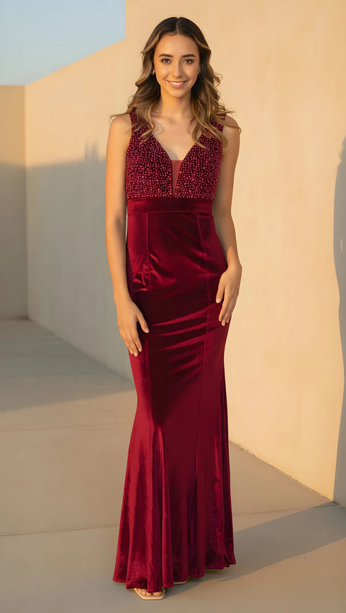 Tiffany Beaded Bodice Velvet Mermaid Formal Dress