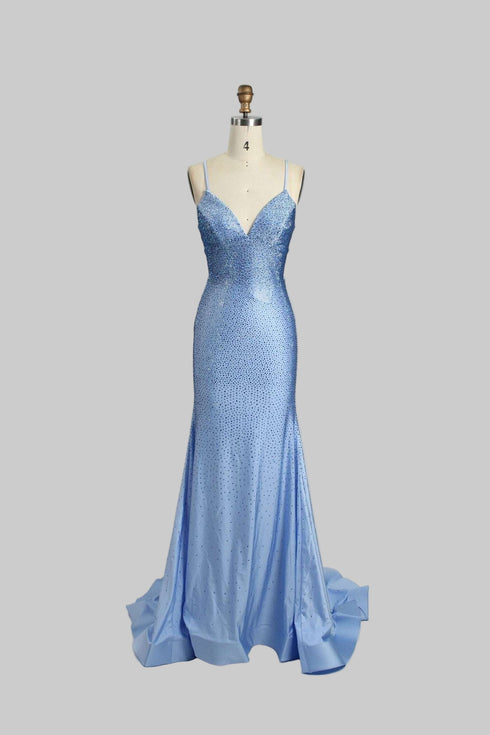 Trinity Sky Blue Rhinestone Long Formal Dress