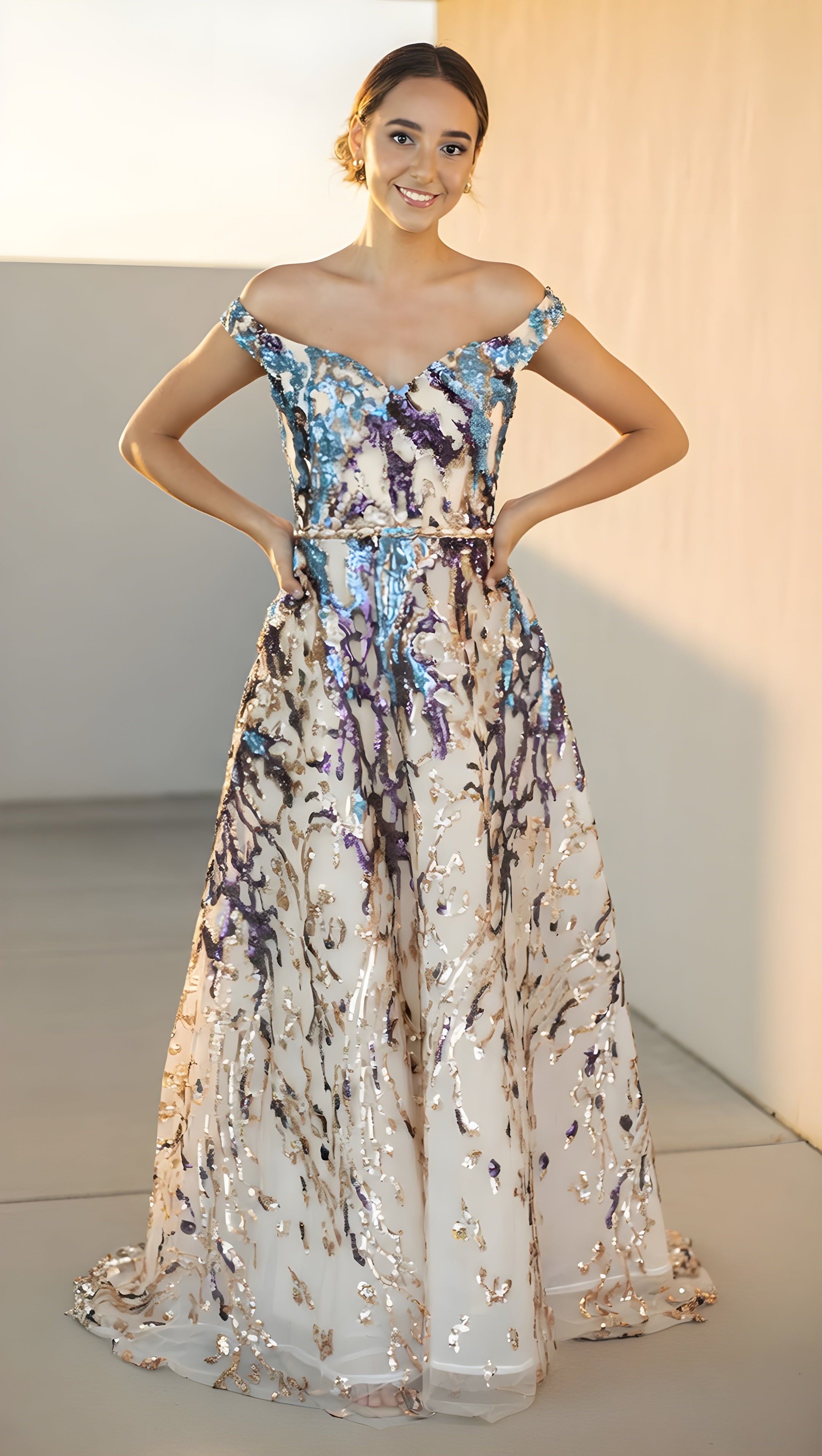 Naomi Multi Colour Sequin Off Shoulder Formal Dress